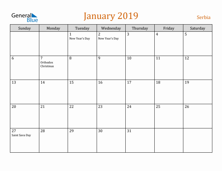 January 2019 Holiday Calendar with Sunday Start