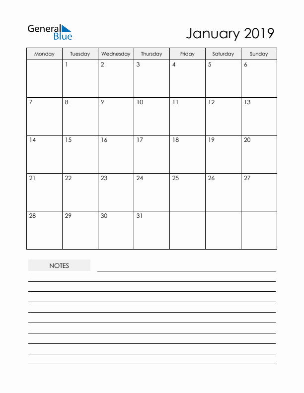 Printable Calendar with Notes - January 2019 