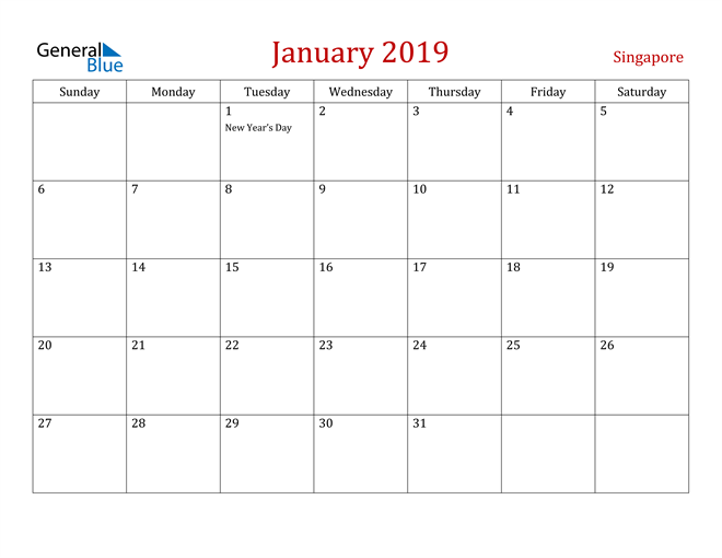 Singapore January 2019 Calendar