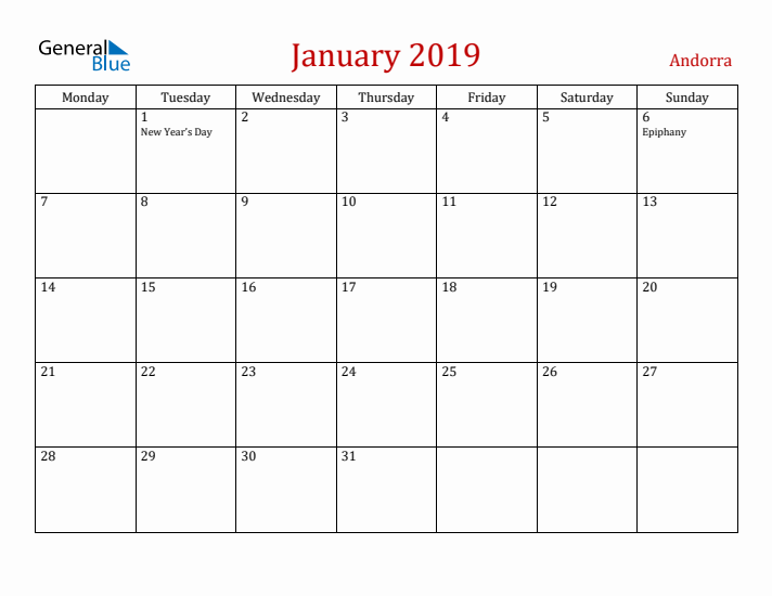 Andorra January 2019 Calendar - Monday Start