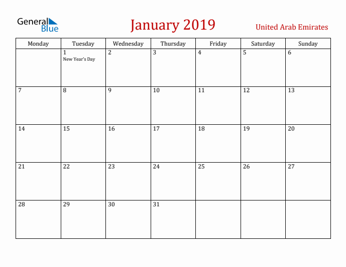 United Arab Emirates January 2019 Calendar - Monday Start