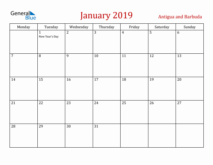 Antigua and Barbuda January 2019 Calendar - Monday Start