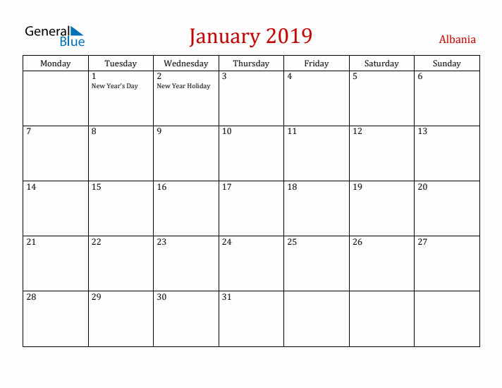Albania January 2019 Calendar - Monday Start