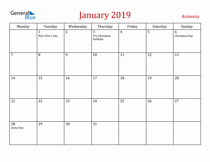 Armenia January 2019 Calendar - Monday Start
