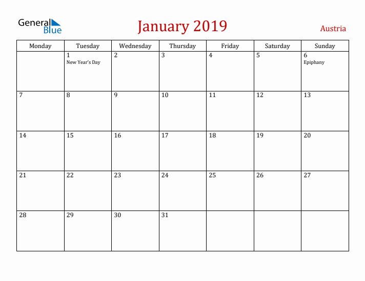 Austria January 2019 Calendar - Monday Start