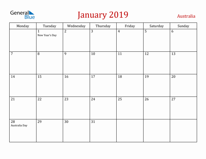 Australia January 2019 Calendar - Monday Start