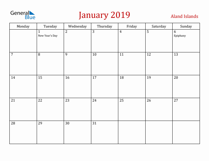 Aland Islands January 2019 Calendar - Monday Start
