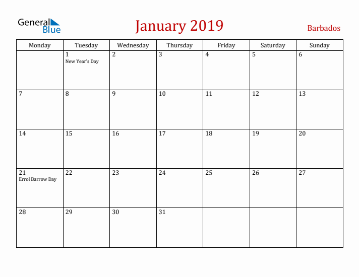 Barbados January 2019 Calendar - Monday Start