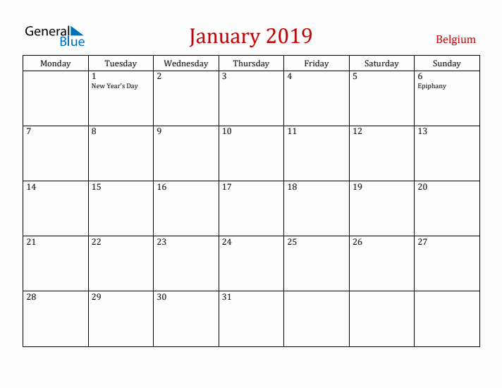 Belgium January 2019 Calendar - Monday Start