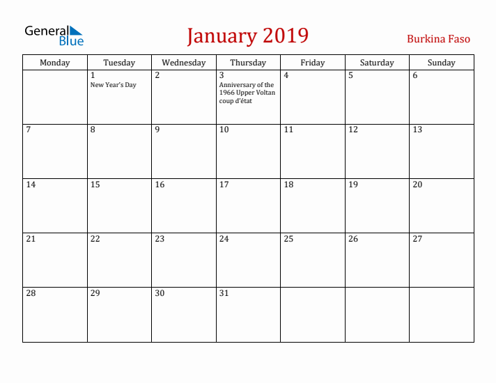 Burkina Faso January 2019 Calendar - Monday Start