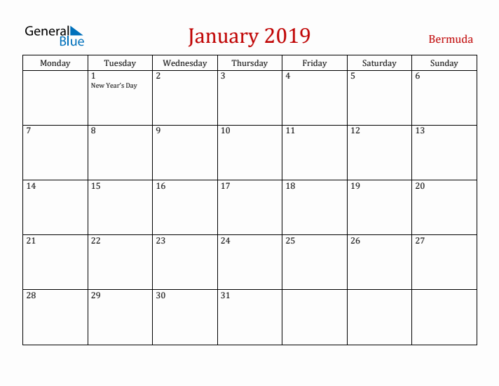 Bermuda January 2019 Calendar - Monday Start