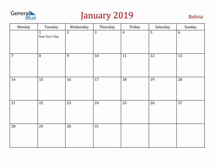 Bolivia January 2019 Calendar - Monday Start