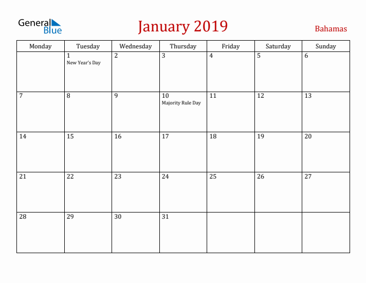 Bahamas January 2019 Calendar - Monday Start