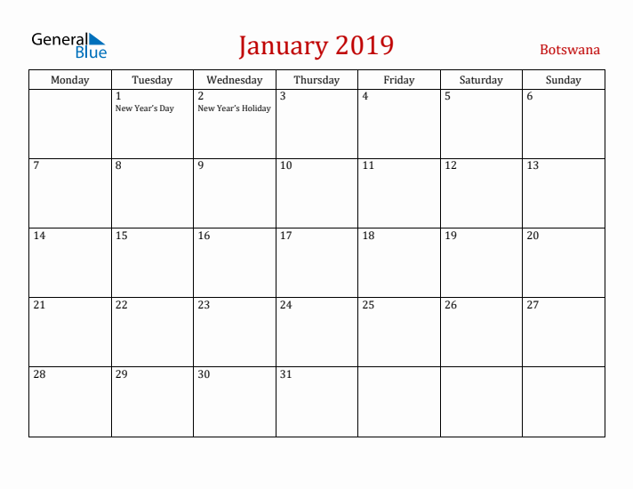 Botswana January 2019 Calendar - Monday Start