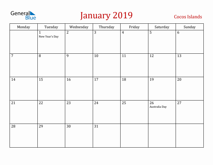 Cocos Islands January 2019 Calendar - Monday Start