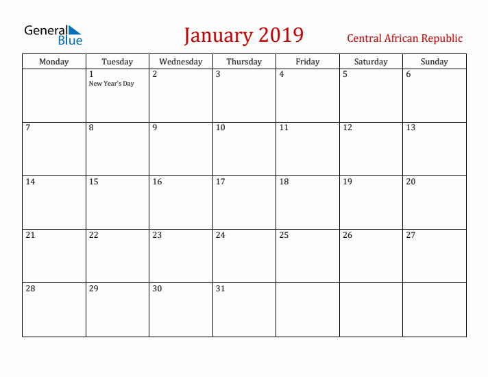 Central African Republic January 2019 Calendar - Monday Start