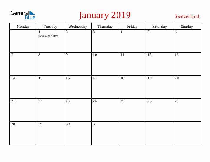 Switzerland January 2019 Calendar - Monday Start