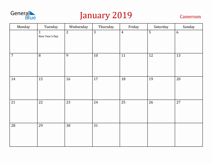 Cameroon January 2019 Calendar - Monday Start