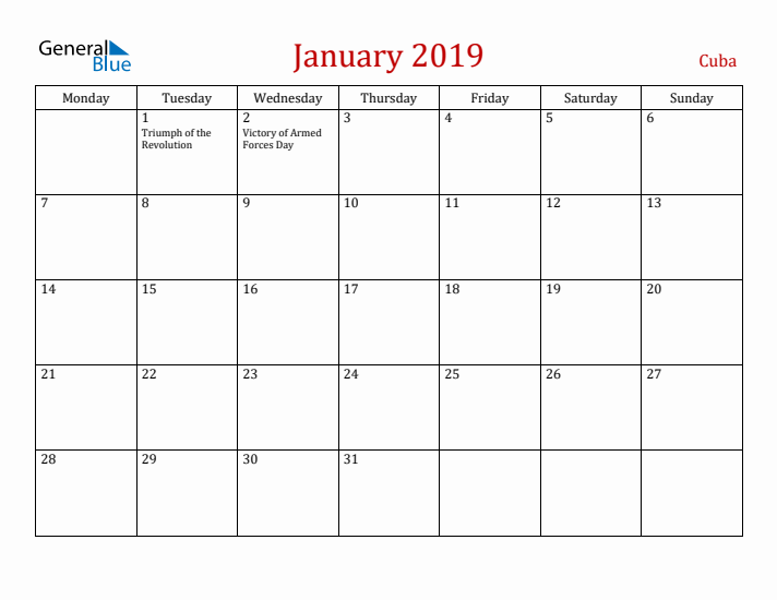 Cuba January 2019 Calendar - Monday Start