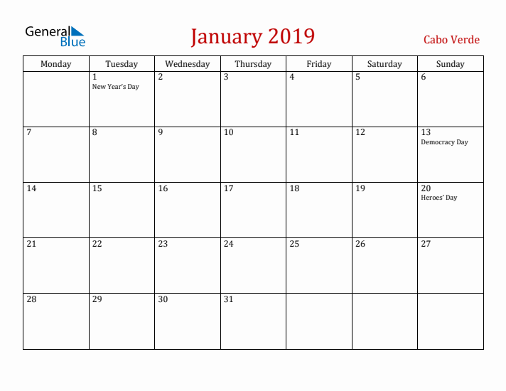 Cabo Verde January 2019 Calendar - Monday Start