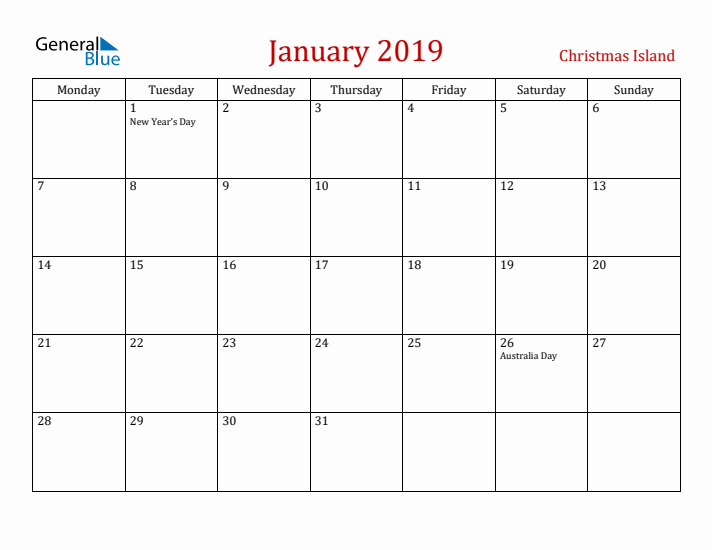 Christmas Island January 2019 Calendar - Monday Start
