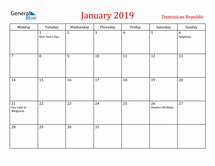 Dominican Republic January 2019 Calendar - Monday Start