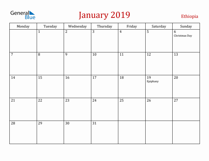 Ethiopia January 2019 Calendar - Monday Start