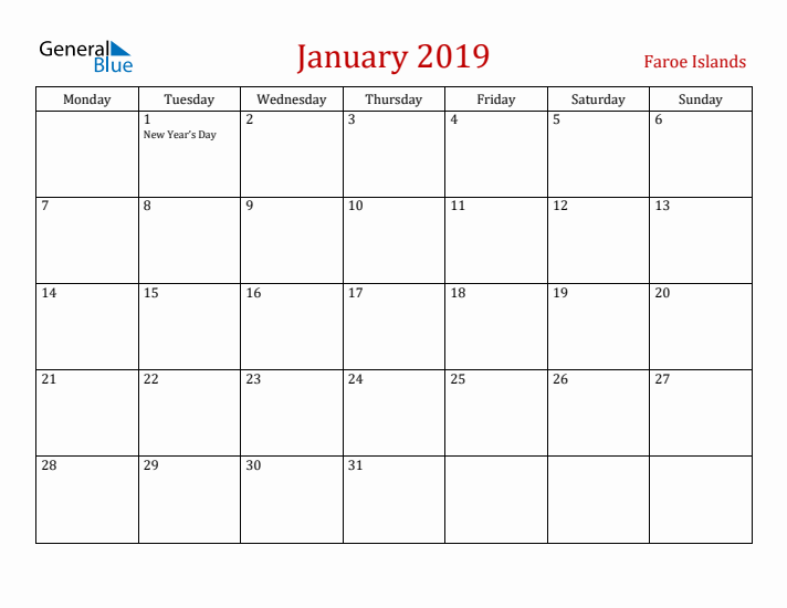 Faroe Islands January 2019 Calendar - Monday Start