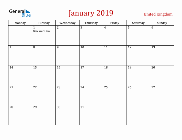 United Kingdom January 2019 Calendar - Monday Start