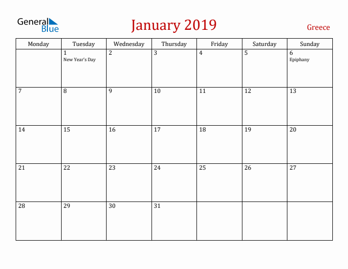 Greece January 2019 Calendar - Monday Start