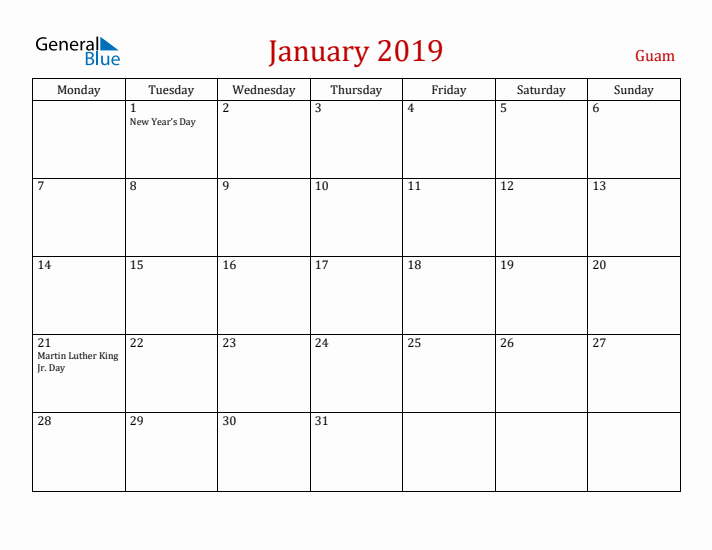 Guam January 2019 Calendar - Monday Start