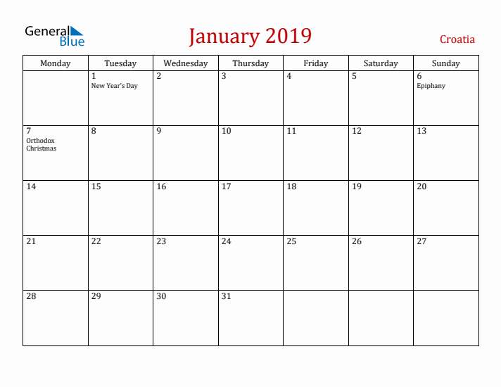 Croatia January 2019 Calendar - Monday Start