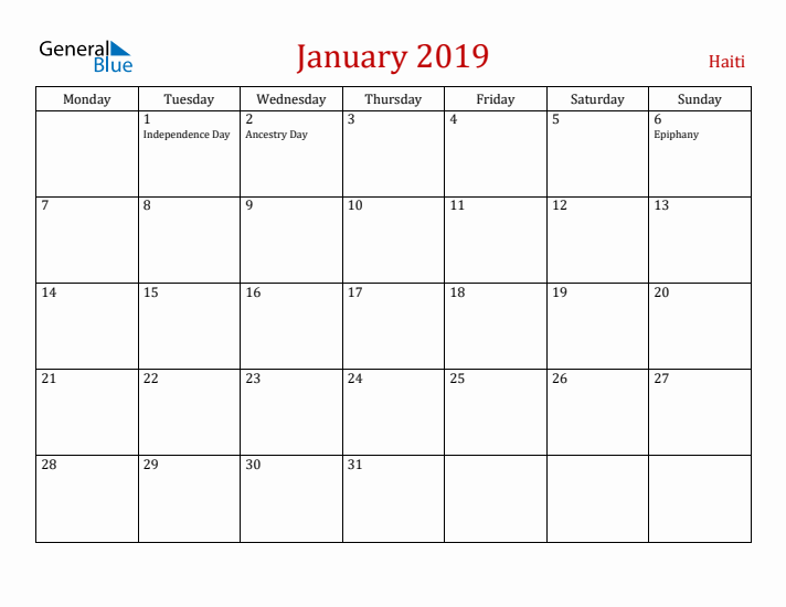 Haiti January 2019 Calendar - Monday Start