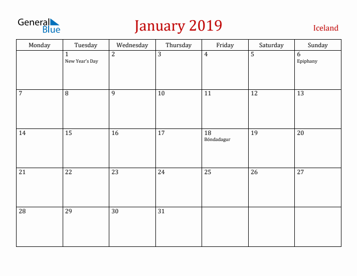 Iceland January 2019 Calendar - Monday Start