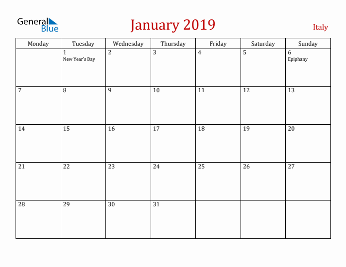 Italy January 2019 Calendar - Monday Start