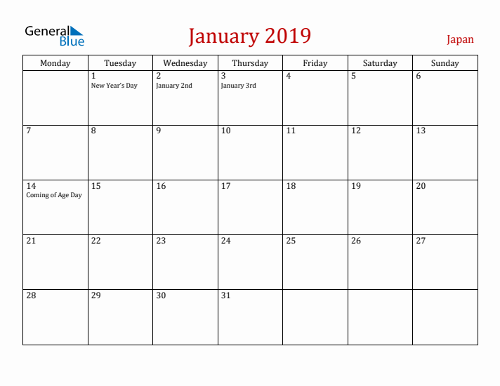 Japan January 2019 Calendar - Monday Start