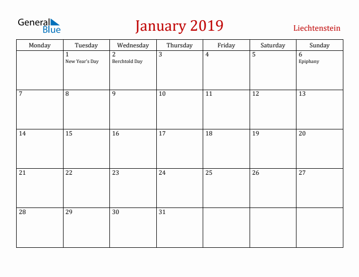 Liechtenstein January 2019 Calendar - Monday Start