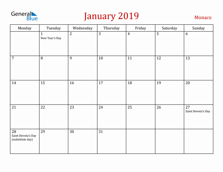 Monaco January 2019 Calendar - Monday Start