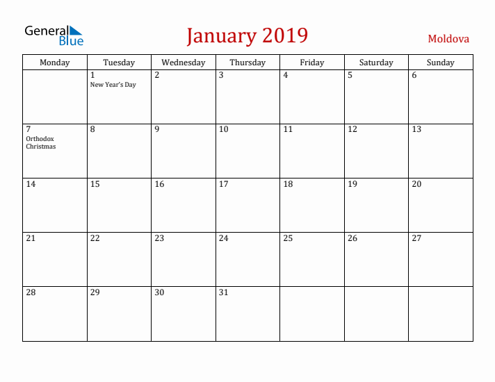 Moldova January 2019 Calendar - Monday Start