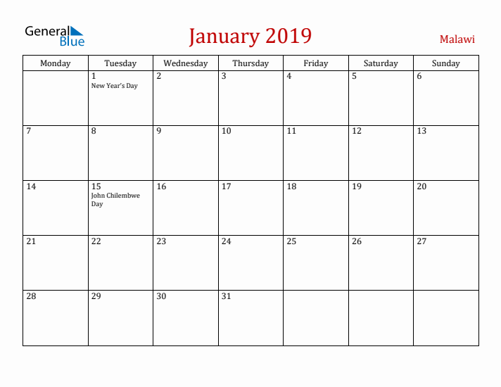 Malawi January 2019 Calendar - Monday Start