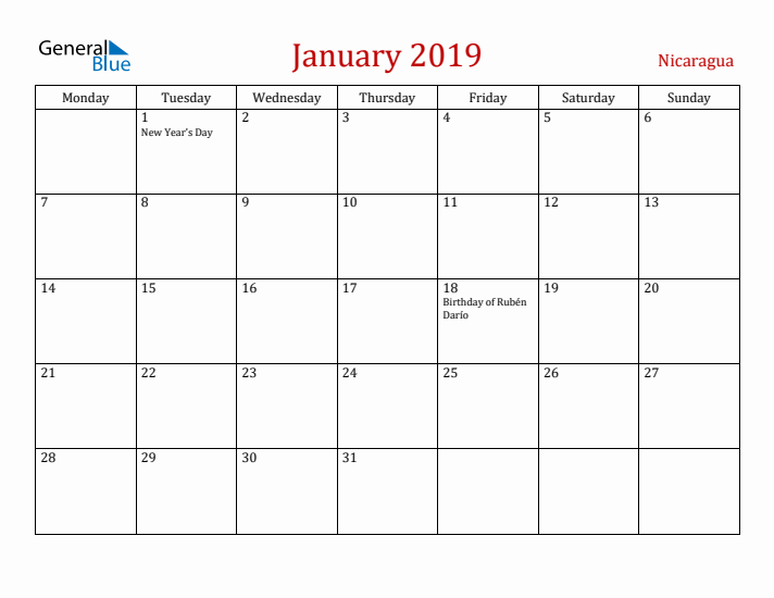 Nicaragua January 2019 Calendar - Monday Start