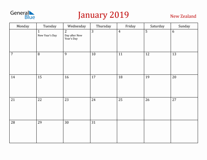 New Zealand January 2019 Calendar - Monday Start