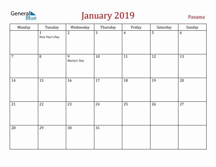 Panama January 2019 Calendar - Monday Start