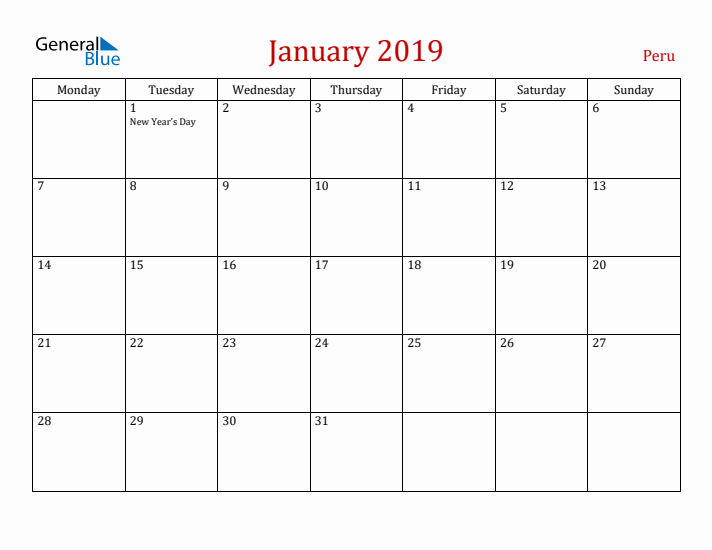 Peru January 2019 Calendar - Monday Start
