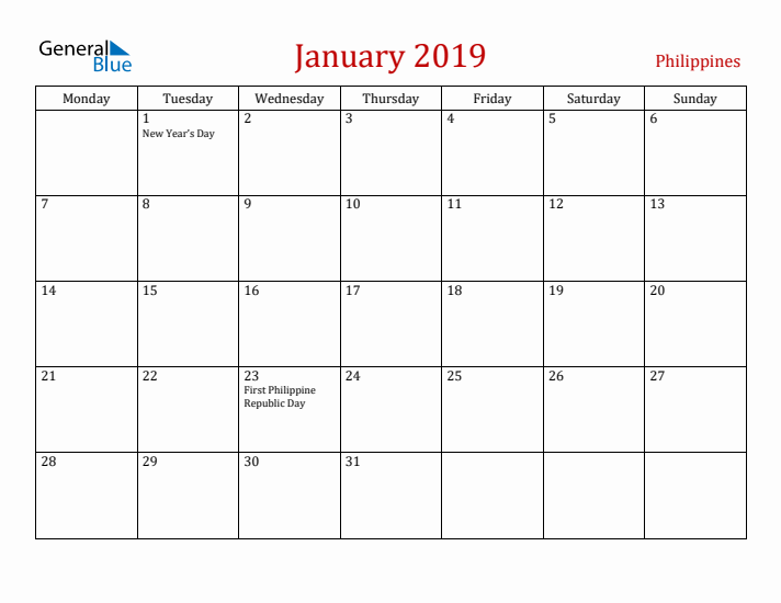Philippines January 2019 Calendar - Monday Start