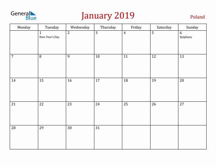 Poland January 2019 Calendar - Monday Start