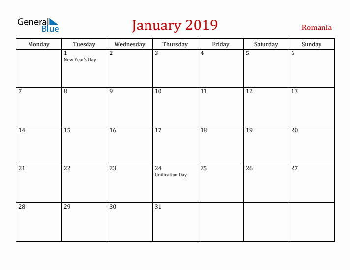 Romania January 2019 Calendar - Monday Start