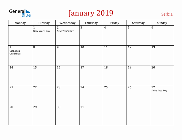 Serbia January 2019 Calendar - Monday Start