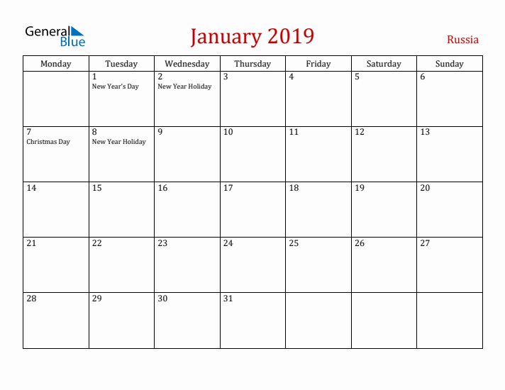 Russia January 2019 Calendar - Monday Start