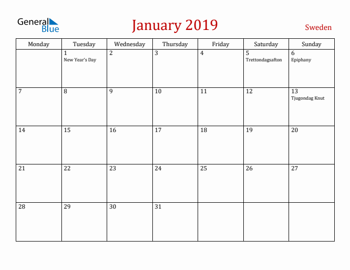 Sweden January 2019 Calendar - Monday Start
